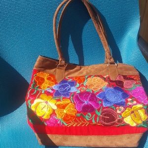 Colorful Inca Huipil and Leather Shoulder Bag